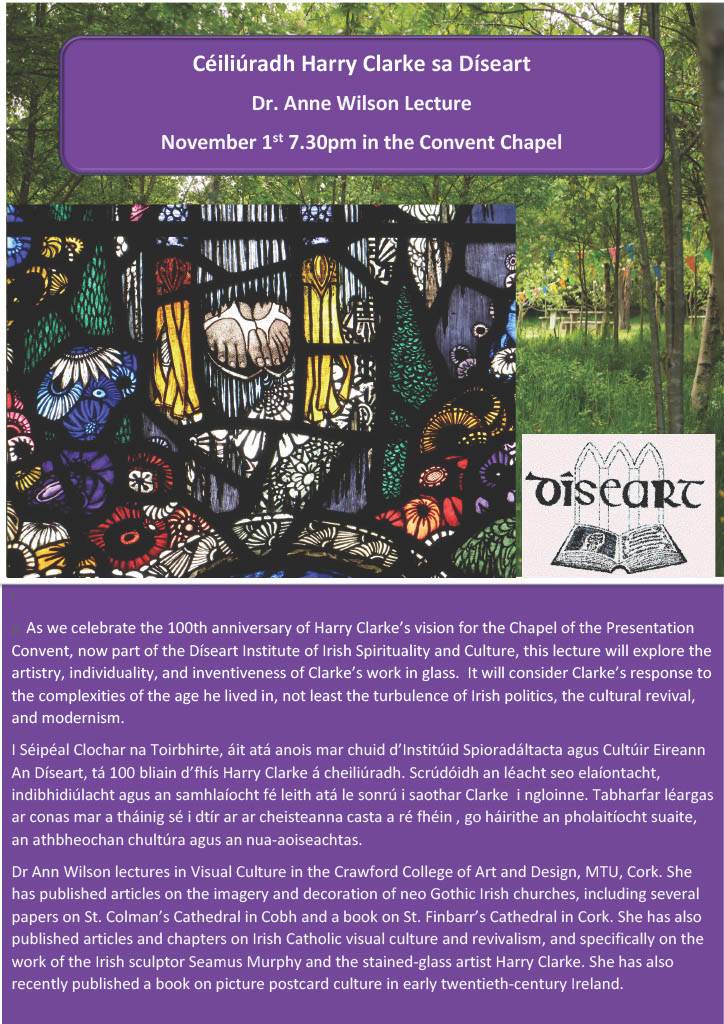 Details of Harry Clarke Lecture on NOvember 1, 2024 at 7:30 pm by Dr. Ann Wilson