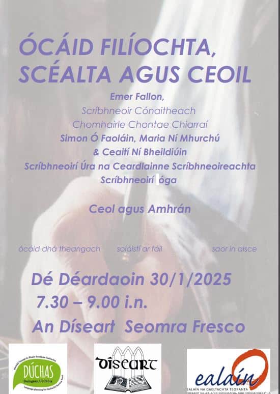 Poster for oíche scríbhneoireachta on January 30 at 7pm